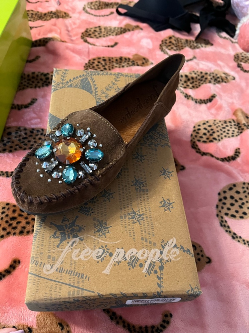 Free People Brown Suede Moccasin with Blue and Amber Gem Cluster